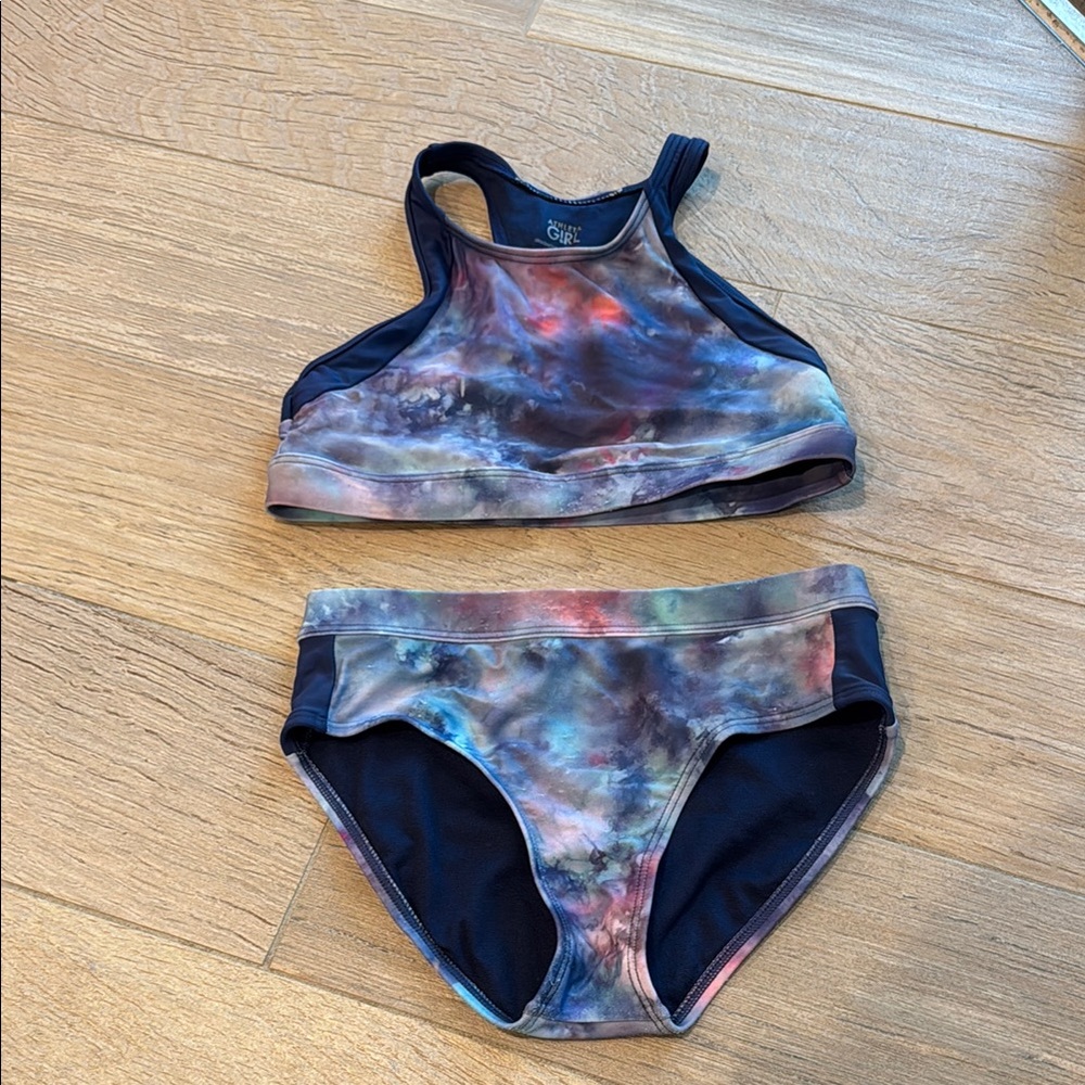 Athleta Girl navy blue & purple Tie Dye Kids Swim Set size Medium / 8-10